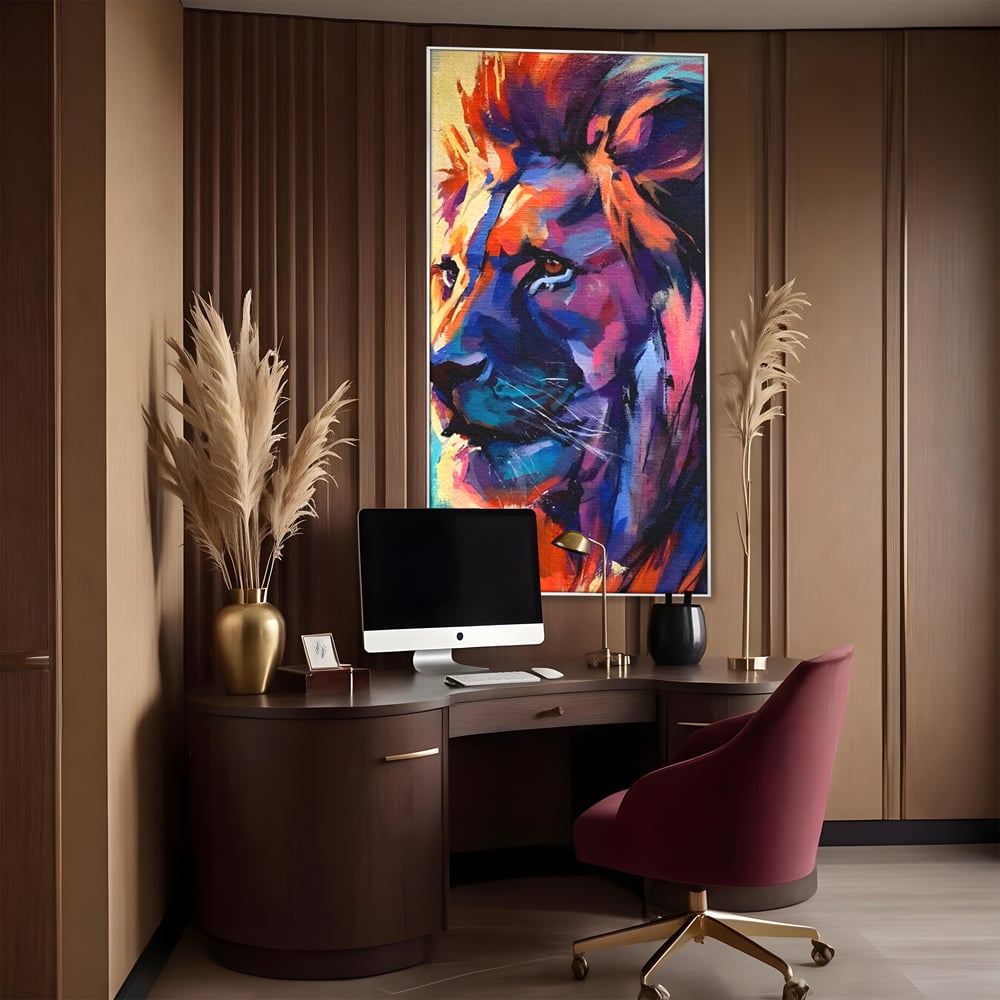Tablou canvas cu tablou canvas cu leu colorat, in rama de aluminiu argintiu, pe perete intr-un birou
